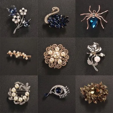 Fashion Alloy Artificial Pearl Brooch For Women Rhinestone Flower Leaf Pin High End Jewelry Accessory For Suits Dress Banquet