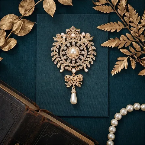 Vintage Baroque Alloy Rhinestone Brooch Pin With Artificial Pearl Water Drop Dangle For Women Suit Coat Party Jewelry Gift