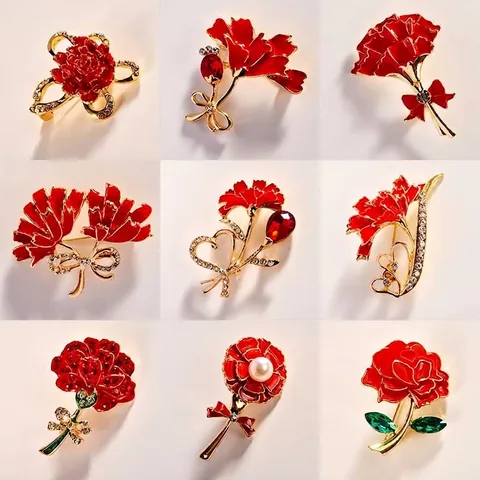 Retro Red Enamel Flower Brooch For Women Alloy Rhinestone Rose Carnation Accessory Gold Plated Corsage For Suit Qipao Wedding Jewelry