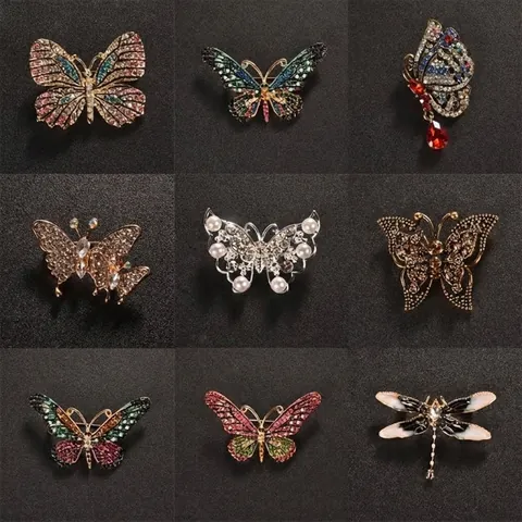 Retro Alloy Butterfly Insect Brooch Pin Rhinestone Artificial Pearl For Women Suit Cheongsam Decoration Jewelry