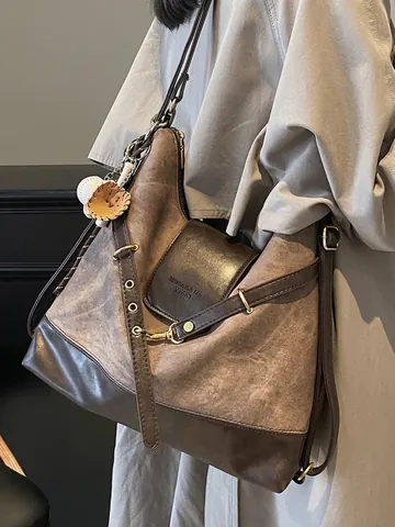 Mochila Retro Colorblock de Gran Capacidad para Mujer Bolso de Hombro Multiuso de Cuero PU y Denim Patchwork Moda Viaje Diario