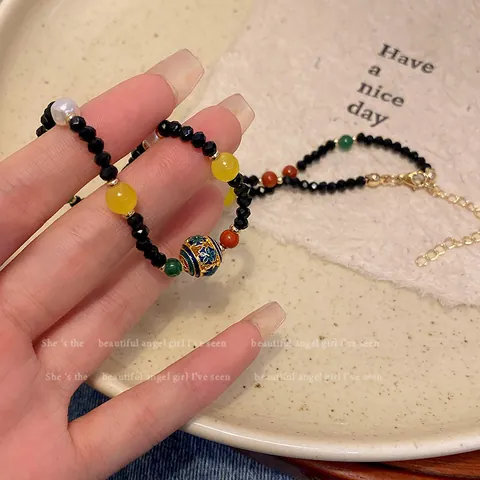 Neuer Chinesischer Stil Mehrfarbige Synthetische Kristall Perlenkette Für Damen Elegante Emaille Glücksperle Schlüsselbeinkette Vintage Schmuck