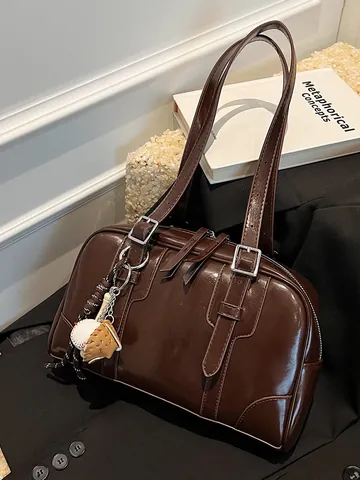 Dames Grote Capaciteit Tote Tas Minimalistisch PU Leer Schoudertas Okseltas Effen Kleur Mode Handtas Met Honkbal Hanger