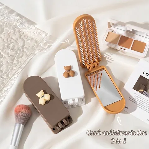 Juego de Espejo y Peine Plegable de Oso de Dibujos Animados Portátil Mini Espejo de Maquillaje HD Cepillo de Pelo de Masaje para Mujeres Niñas Viaje
