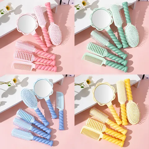 Macaron Twist Handle Hair Brush Set Massage Air Cushion Comb Round Curling Brush Detangling Vent Brush Handheld Mirror For Women Dorm Styling Tools