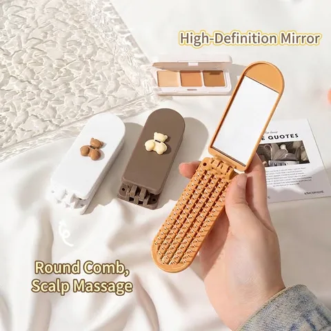 Juego de Espejo y Peine Plegable de Oso de Dibujos Animados Portátil Mini Espejo de Maquillaje HD Cepillo de Pelo de Masaje para Mujeres Niñas Viaje