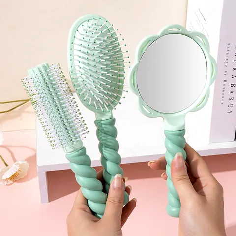 Macaron Twist Handle Hair Brush Set Massage Air Cushion Comb Round Curling Brush Detangling Vent Brush Handheld Mirror For Women Dorm Styling Tools