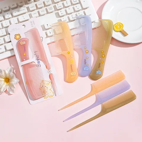 Cute Cartoon Printed Plastic Hair Comb Handle Comb And Rat Tail Comb Portable Fine Tooth Styling Tools For Kids Women Travel