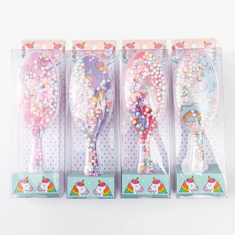 Cartoon Unicorn Air Cushion Massage Hair Brush Silicone Transparent Paddle Comb With Floating Rainbow Beads For Women Girls