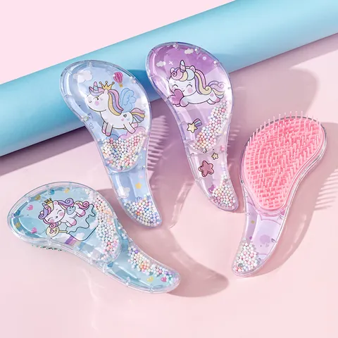 Cartoon Unicorn Detangling Hair Brush Portable Hair Comb With Shaking Beads For Girls Kids Cute Travel Styling Tool