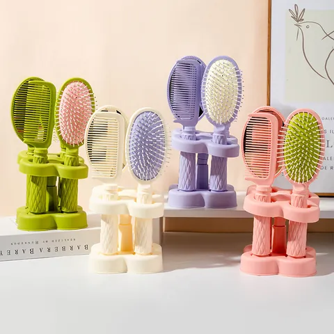Macaron Hair Brush With Mirror And Base Stand Diamond Texture Handle Scalp Massage Air Cushion Brush Comb For Women