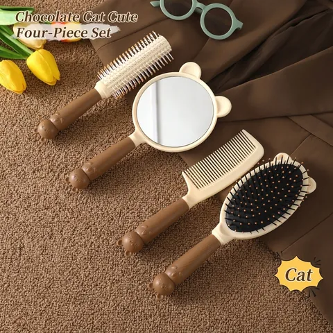 Cartoon Cat Hair Comb Mirror Set For Women 4-Piece Massage Cushion Brush Detangling Round Comb Handheld Mirror Daily Beauty Tools