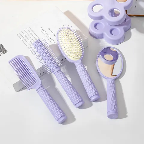 Macaron Hair Brush With Mirror And Base Stand Diamond Texture Handle Scalp Massage Air Cushion Brush Comb For Women