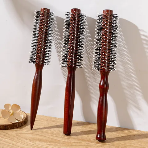Professional Wooden Round Hair Brush Reddish Brown Solid Wood Handle Radial Styling Brush For Curling Volumizing Hair Styling Tools For Salon Home