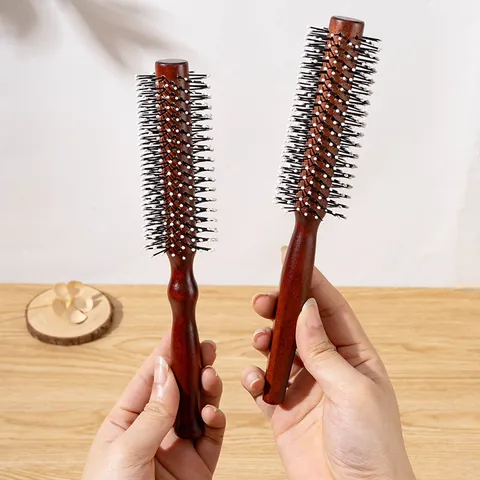 Professional Wooden Round Hair Brush Reddish Brown Solid Wood Handle Radial Styling Brush For Curling Volumizing Hair Styling Tools For Salon Home