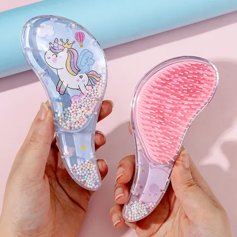 Cartoon Unicorn Detangling Hair Brush Portable Hair Comb With Shaking Beads For Girls Kids Cute Travel Styling Tool