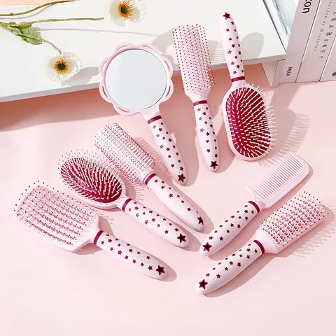 Star Print Handle Hairbrush Set Scalp Massage Air Cushion Brush Styling Skeleton Comb Detangling Tool Handheld Mirror For Women