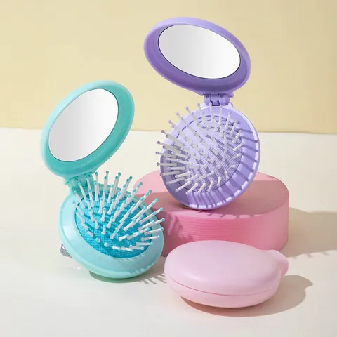 Portable Foldable Round Air Cushion Hairbrush With Makeup Mirror ABS Massage Comb For Women Travel Macaron Color Beauty Tool