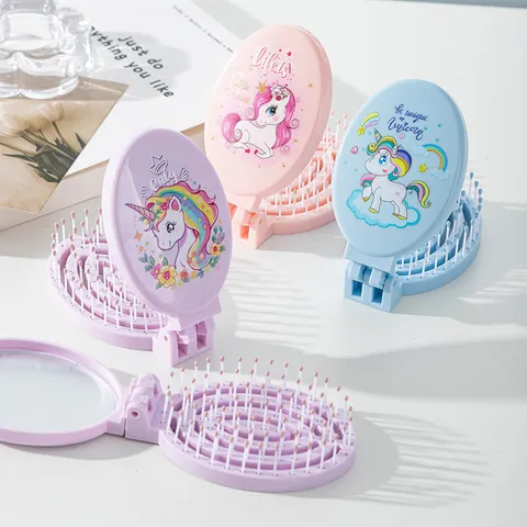 Cartoon Unicorn Strawberry Print Folding Hair Comb With Mirror Portable Travel Massage Hair Brush For Women Girls