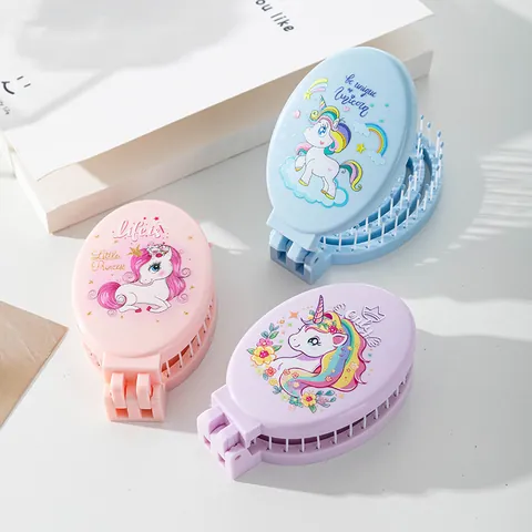 Cartoon Unicorn Strawberry Print Folding Hair Comb With Mirror Portable Travel Massage Hair Brush For Women Girls