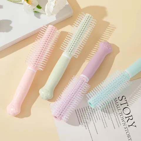 Cute Cat Claw Handle Round Barrel Curling Comb Plastic Hair Brush For Styling And Scalp Massage Macaron Color Hair Styling Tool