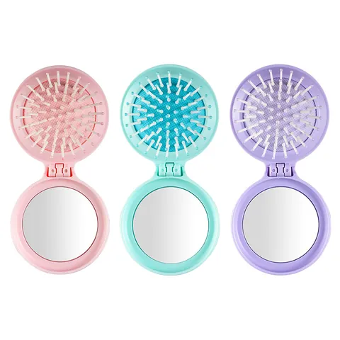 Portable Foldable Round Air Cushion Hairbrush With Makeup Mirror ABS Massage Comb For Women Travel Macaron Color Beauty Tool