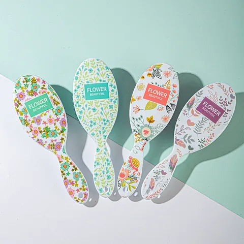Floral Print Air Cushion Hairbrush Girly Anti-static Scalp Massage Paddle Comb Plastic Hair Grooming Tool With Hanging Hole
