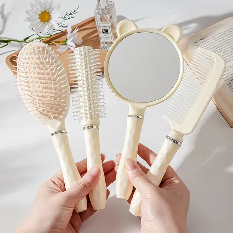 Spazzola per Capelli Pneumatica Stile Ins Pettine per lo Styling Specchio a Mano Con Orecchie da Orso Manico Geometrico Cura dei Capelli Rosa Viola Blu Crema Collezione Regalo