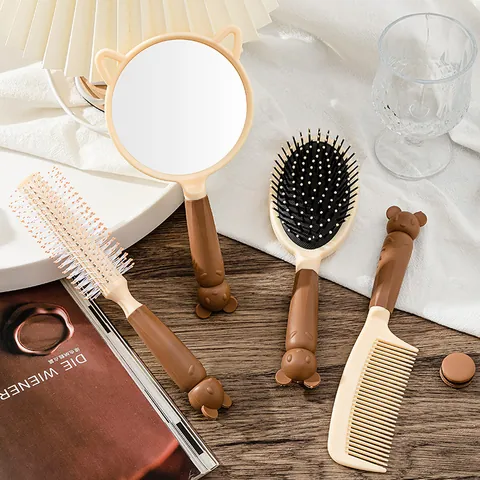 Cute Cartoon Bear Rabbit 4-Piece Hair Brush And Mirror Set Detangling Air Cushion Comb Roller Brush Portable Handheld Mirror For Women Girls