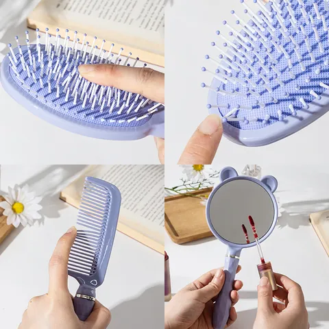 Spazzola per Capelli Pneumatica Stile Ins Pettine per lo Styling Specchio a Mano Con Orecchie da Orso Manico Geometrico Cura dei Capelli Rosa Viola Blu Crema Collezione Regalo