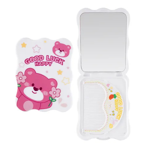 Süßer Cartoon Bär Muster Klappspiegel Mit Kamm Tragbarer Mini Kleiner Runder Wellenkante Spiegel Für Mädchen Reisen Beauty Tool