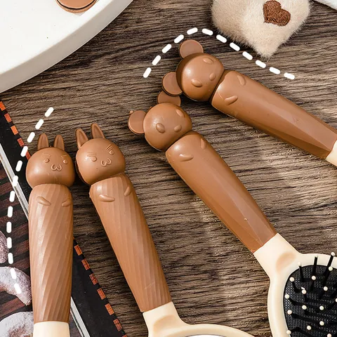 Cute Cartoon Bear Rabbit 4-Piece Hair Brush And Mirror Set Detangling Air Cushion Comb Roller Brush Portable Handheld Mirror For Women Girls