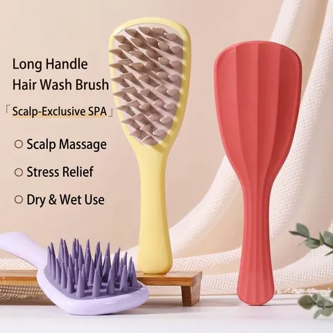 Brosse de Massage du Cuir Chevelu en Feuille de Ginkgo Poignée Longue Dents en Silicone Brosse à Shampooing pour Nettoyage en Profondeur