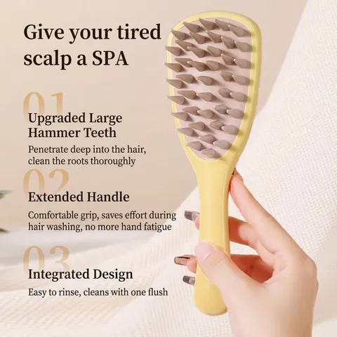 Brosse de Massage du Cuir Chevelu en Feuille de Ginkgo Poignée Longue Dents en Silicone Brosse à Shampooing pour Nettoyage en Profondeur