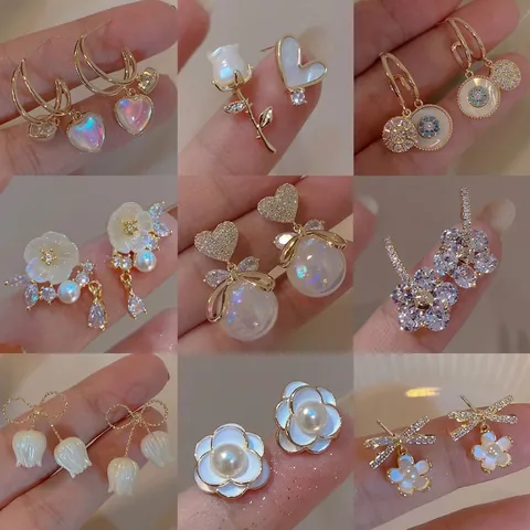 Korean Style 925 Sterling Silver Earring Post Alloy Artificial Pearl Rhinestone Stud Earrings For Women Floral Heart Minimalist Light Luxury Jewelry
