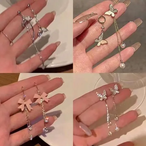 S925 Sterling Silver Earring Post Asymmetrical Fish Tail Butterfly Tassel Earrings Delicate Rhinestone Drop Earrings For Women Jewelry