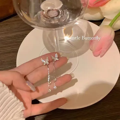 S925 Sterling Silver Earring Post Asymmetrical Fish Tail Butterfly Tassel Earrings Delicate Rhinestone Drop Earrings For Women Jewelry