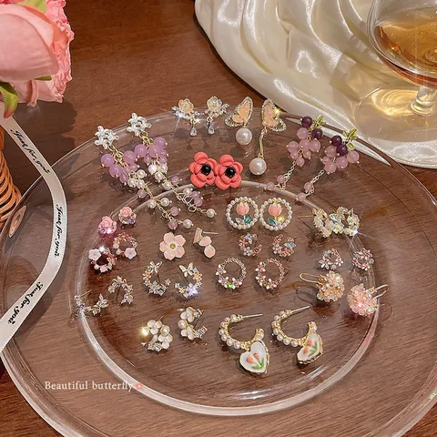 Alloy Floral Stud Earrings With 925 Sterling Silver Earring Post Artificial Pearl Rhinestone Heart Butterfly Earrings For Women