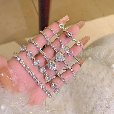 Ins Style Silver Zirconia Bracelet For Women Light Luxury Niche Adjustable Slider Bracelet Exquisite Full Zirconia Jewelry