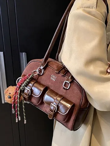 Vintage Mode PU Schoudertas Voor Dames Contrastkleur Patchwork Okseltas Chique Multi Pocket Tote Tas Met Beer Hanger