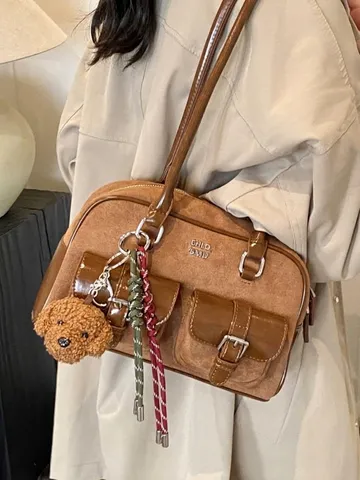 Vintage Mode PU Schoudertas Voor Dames Contrastkleur Patchwork Okseltas Chique Multi Pocket Tote Tas Met Beer Hanger