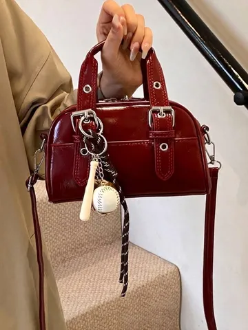 Vintage Glossy PU Leather Boston Handbag For Women Autumn Winter Minimalist Small Square Shoulder Crossbody Bag