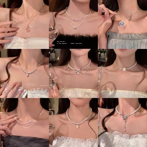 Vintage Double Layer Artificial Pearl Necklace For Women Copper Alloy Rhinestone Butterfly Heart Pendant Gold Silver Choker Fashion Jewelry Accessory