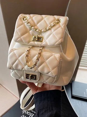 Sac à Dos Femme Mode Matelassé Losange avec Bandoulière Chaîne Cuir Synthétique Rétro Mini Sac à Dos pour Étudiant Quotidien Élégant