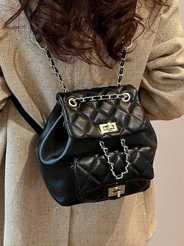 Sac à Dos Femme Mode Matelassé Losange avec Bandoulière Chaîne Cuir Synthétique Rétro Mini Sac à Dos pour Étudiant Quotidien Élégant