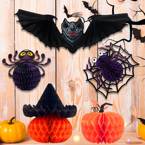 Halloween 3D Honeycomb Paper Hanging Decoration Bat Spider Pumpkin Witch Hat For Ghost Festival Party Scene Ornament Props