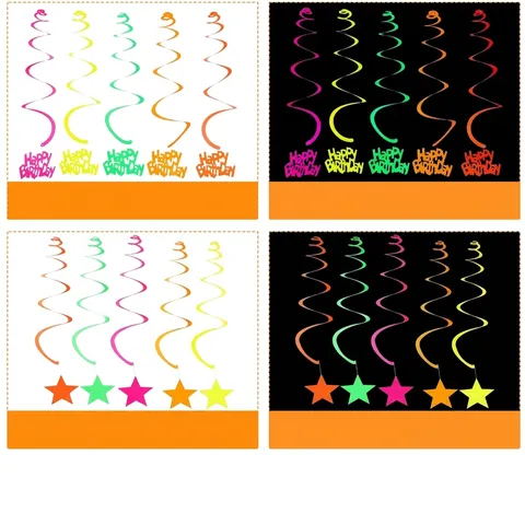 Neon Fluorescent Birthday Party Decoration Happy Birthday Banner Stars Heart Moon Hanging Swirls For Glow In The Dark Party Supplies
