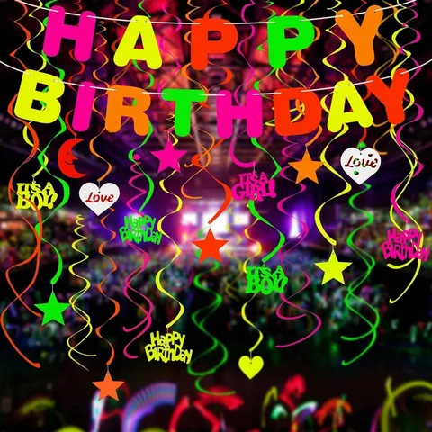Neon Fluorescent Birthday Party Decoration Happy Birthday Banner Stars Heart Moon Hanging Swirls For Glow In The Dark Party Supplies
