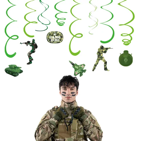 Décorations de Tourbillons Suspendus Thème Militaire Camouflage Char Soldat Avion Imprimé Ornements Suspendus pour Anniversaire Garçon