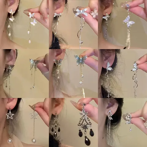 Exquisite Copper Alloy Butterfly Tassel Earrings For Women Summer Fashion Asymmetric Rhinestone 925 Silver Post Jewelry